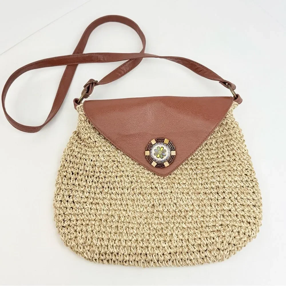 Sun N Sands Tan Woven Jute Faux Leather Bead Medallion Flap Crossbody Bag